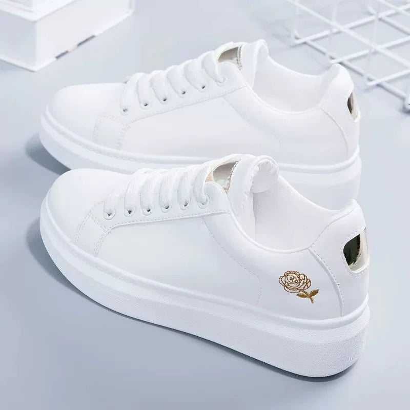 Women's White Breathable Embroidered Flower Sneakers 