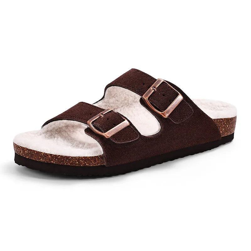 Sandales Doublees en Fourrure avec Double Bride cafe